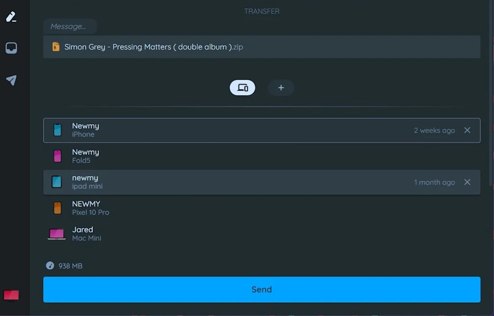 tela do aplicativo Payload, para transferência rápida de arquivos