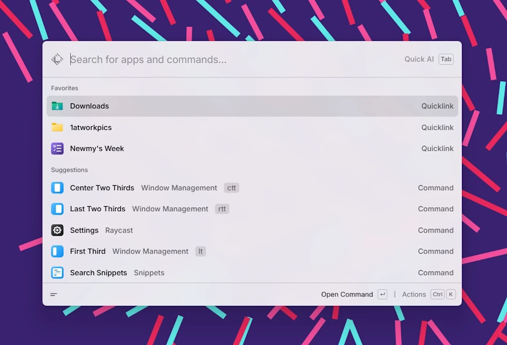 tela do aplicativo Raycast, para aumento da produtividade