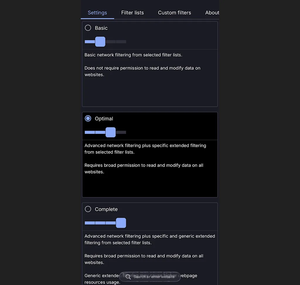 tela do aplicativo de seguran&ccedil;a uBlock Origin Lite