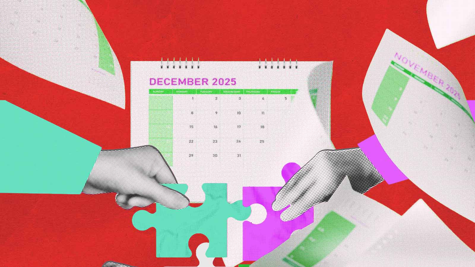 mãos manipulam calendário e encaixam peças de quebra-cabeças