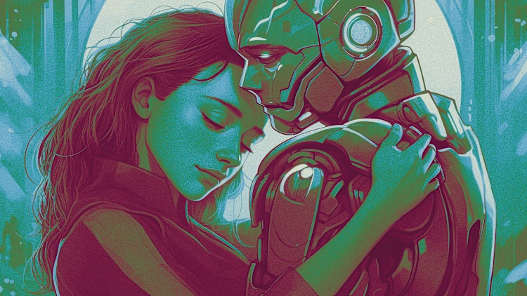 ilustração mostra jovem com abraçando namorado robô