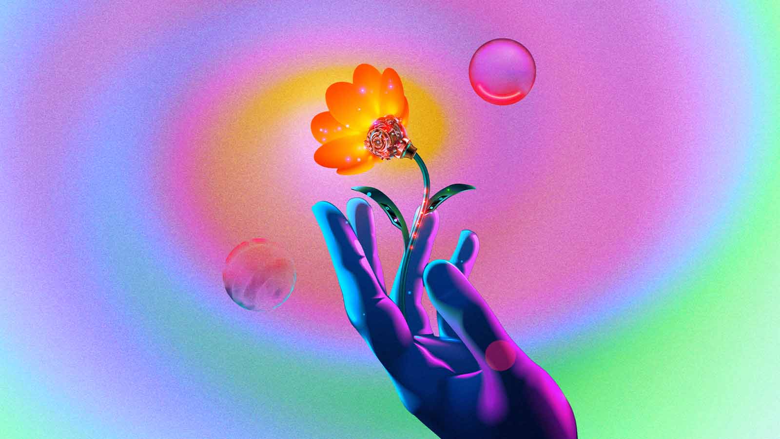 mão robótica com uma flor, simbolizando companheiros digitais mais humanos