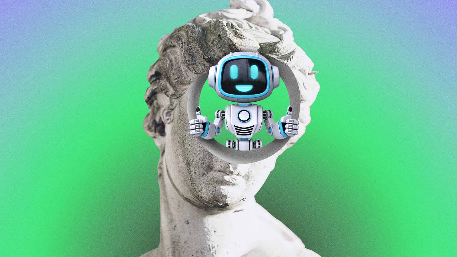 chatbot dentro da cabeça de uma estátua