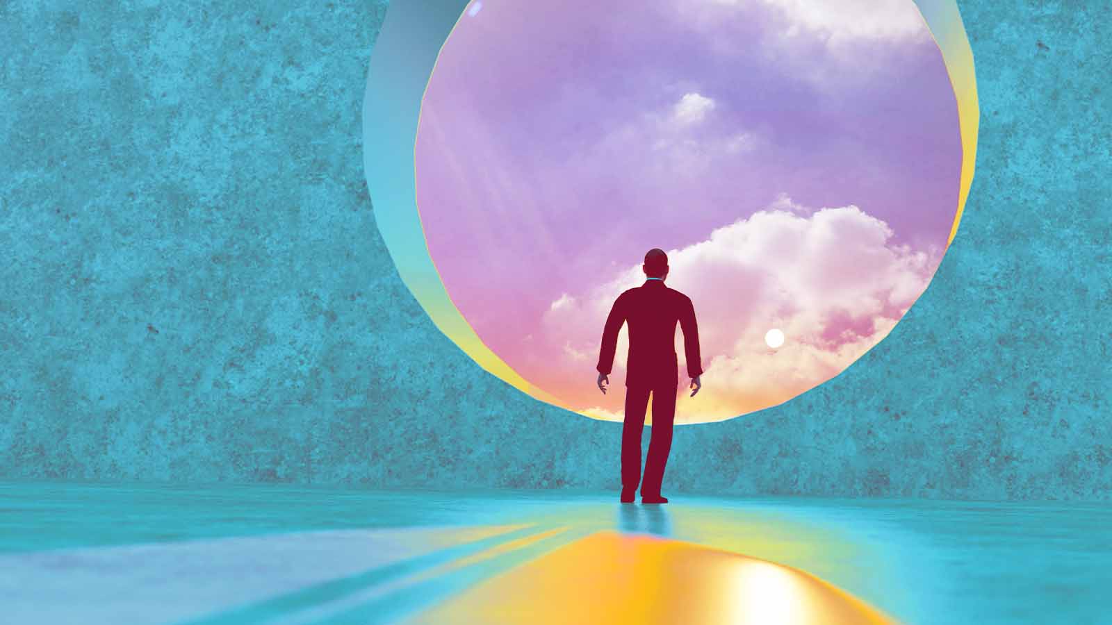 silhueta masculina olha para o céu através de uma grande janela circular