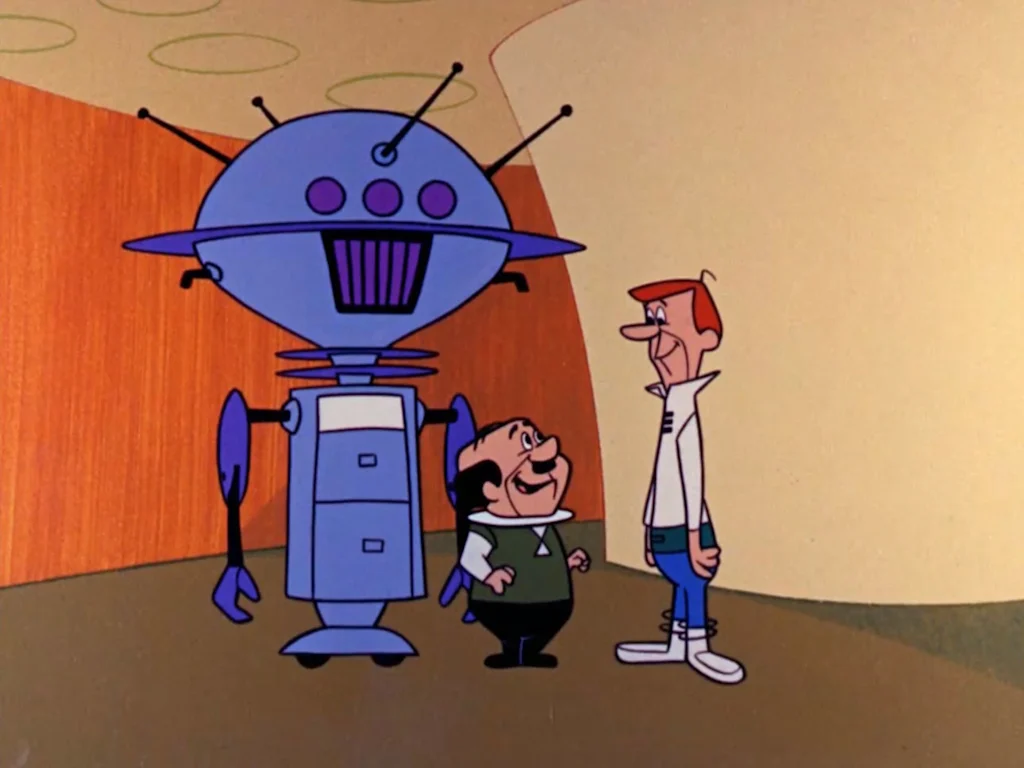 sr. Spacely, George Jetson e o  rob&ocirc; Uniblab em epis&oacute;dio da  s&eacute;rie de anima&ccedil;&atilde;o "Os Jetsons"