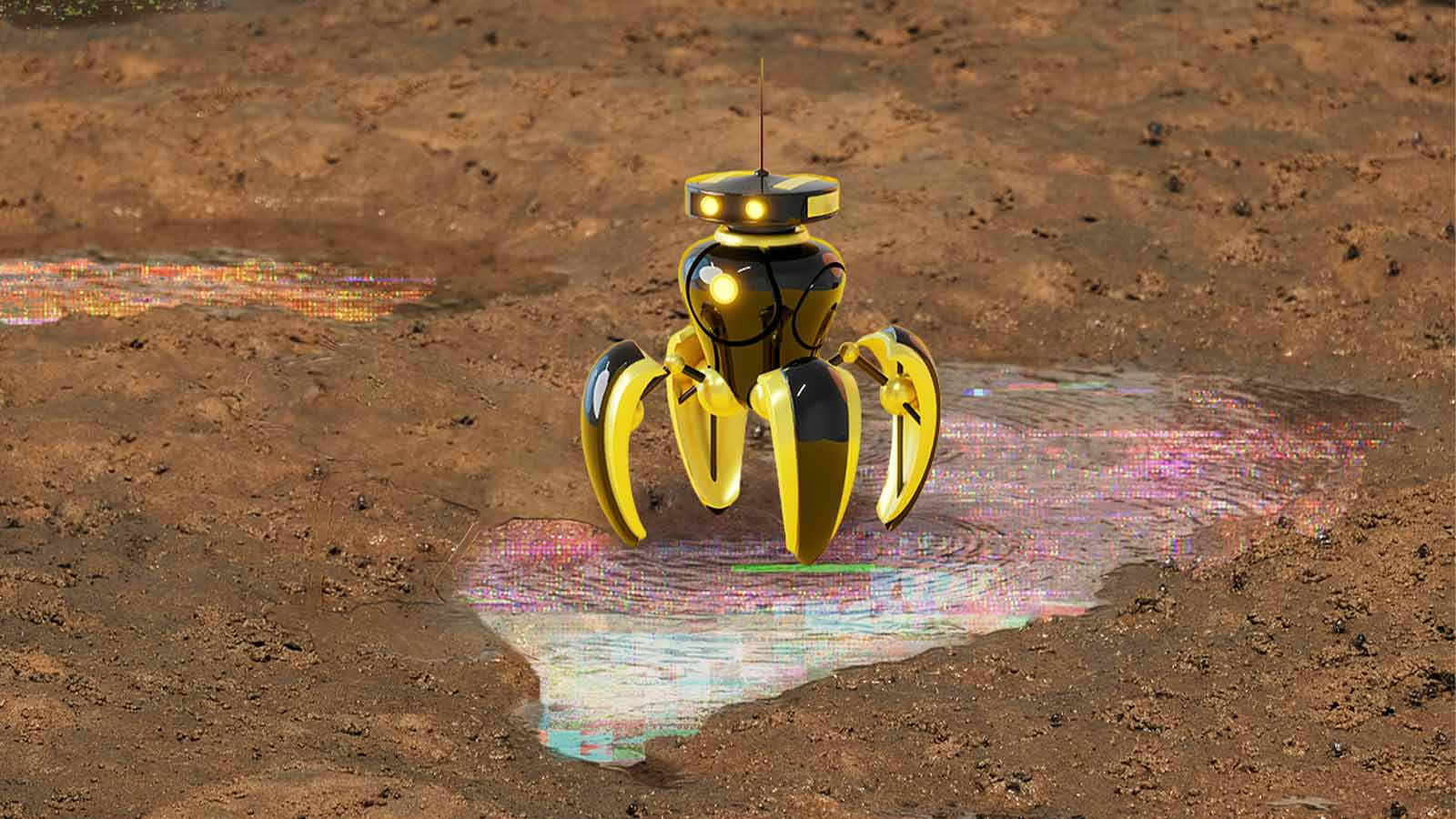 mini robô em meio a área deserta