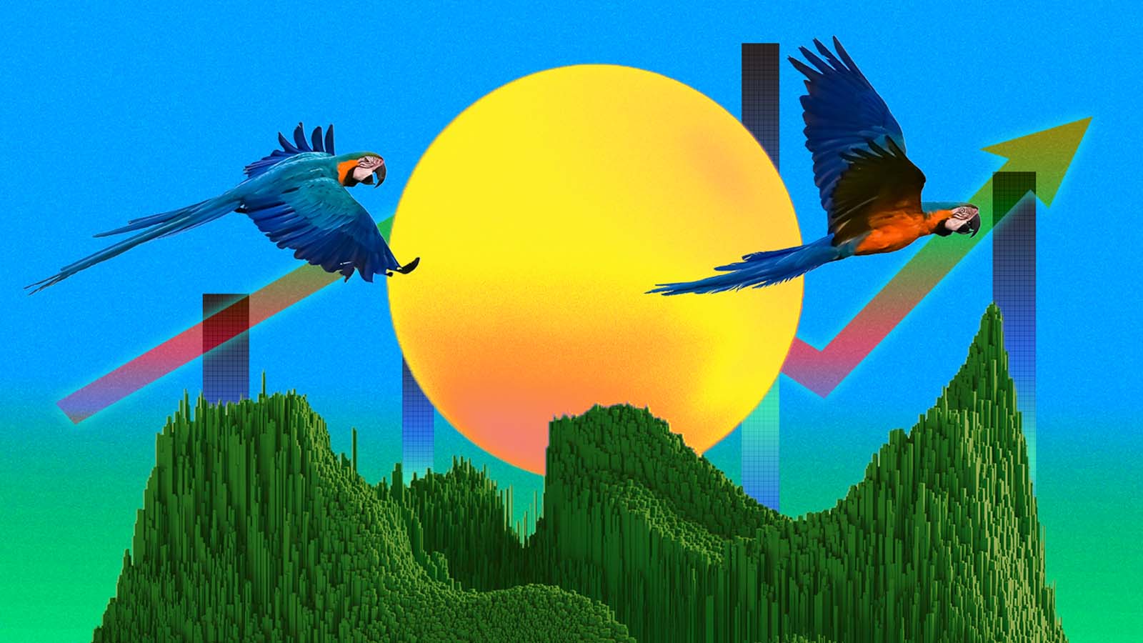 ilustração de pássaros voando ao por do sol