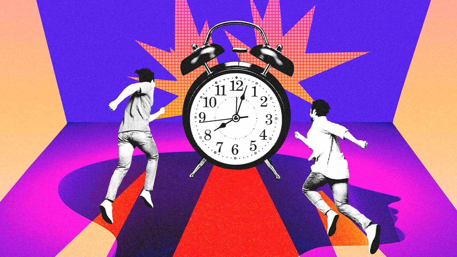 pessoas correm em direção a um relógio tipo despertador