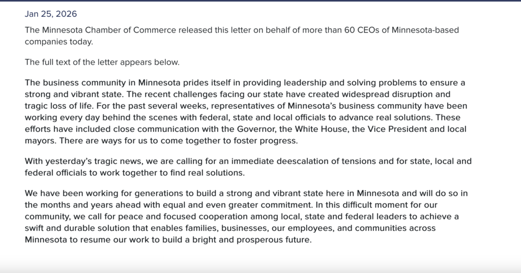 mais de 60 CEOs de empresas sediadas em Minnesota, incluindo Target, Best Buy e UnitedHealth, assinaram uma carta aberta pedindo &ldquo;uma redu&ccedil;&atilde;o imediata das tens&otilde;es e que autoridades estaduais, locais e federais trabalhem juntas para encontrar solu&ccedil;&otilde;es reais&rdquo;.2502/2026