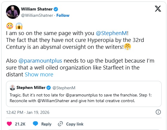 post de William Shatner no X defendendo o seriado "Star Trek: Starfleet Academy"