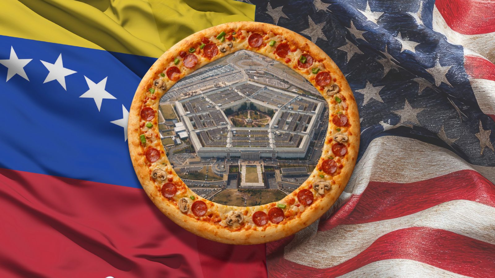 Bandeira EUA e Venezuela e Pentagono e pizza