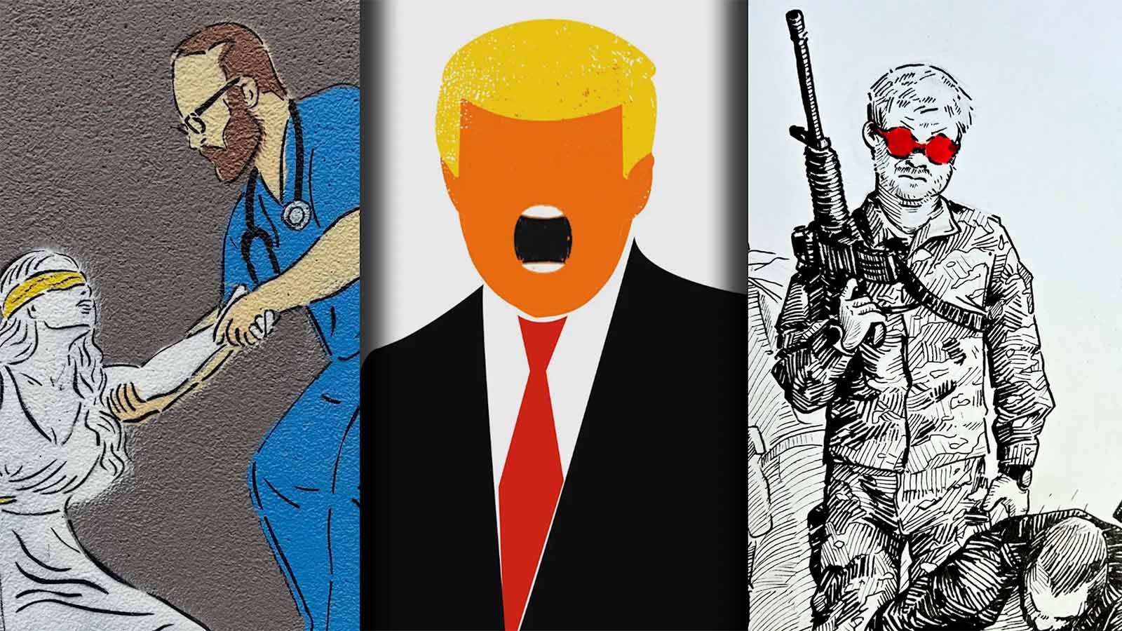 partes de obras de arte em protesto contra ações de Donald Trump e do ICE