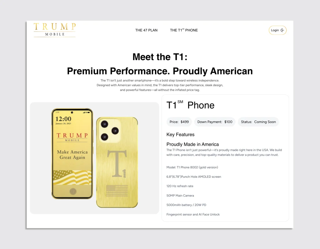 anúncio do smartphone T1, da Trump Mobile