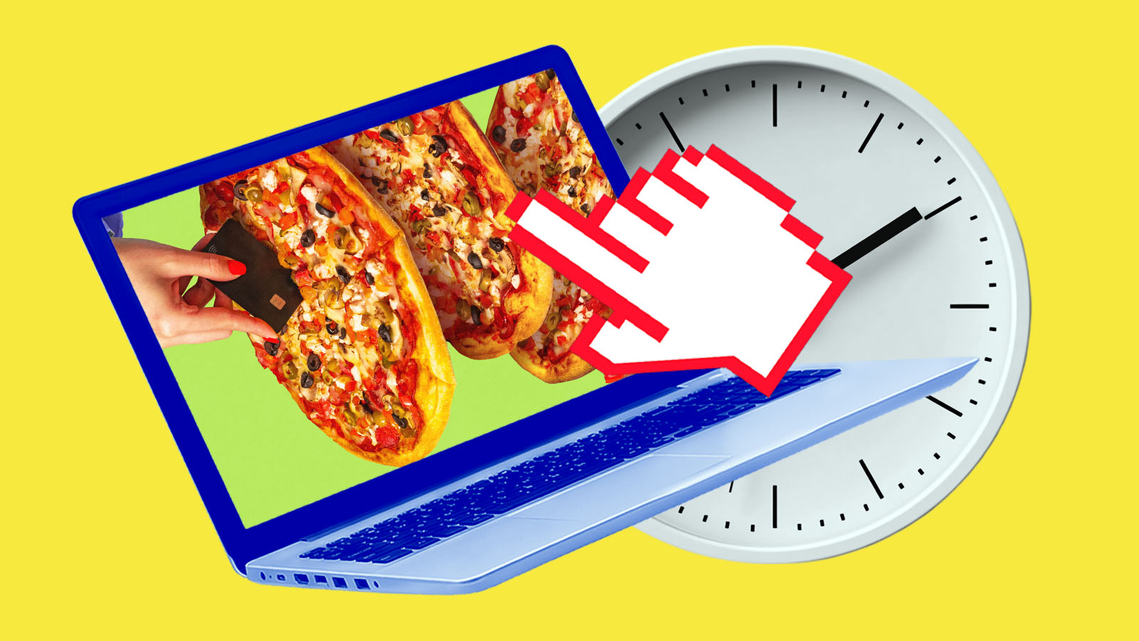 tela de computador com imagens de pizzas e balança indicando excesso de peso