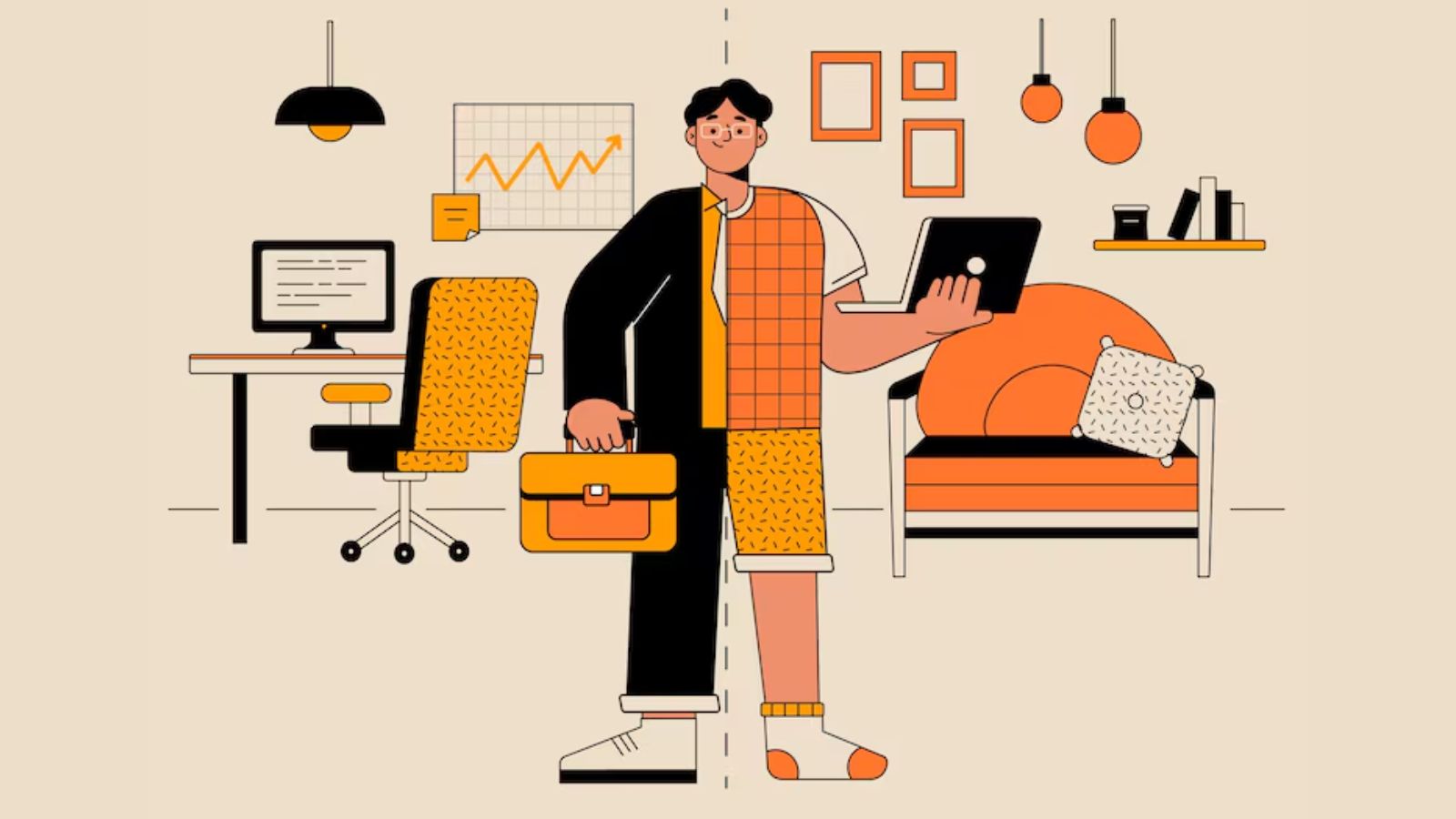 Desenho de um menino vestido meio indo trabalhar presencial e meio trabalhar em casa, as cores do desenho é na paleta de laranja e preto