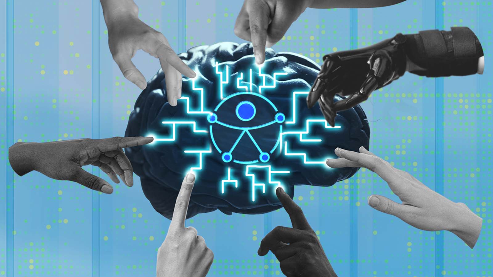 mãos tocam em cérebro artificial