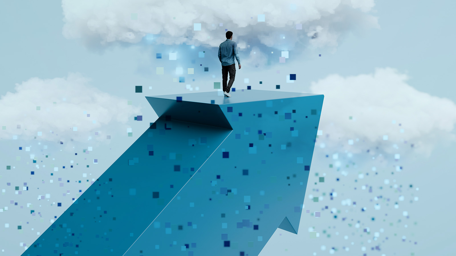 homem sobre plataforma com fundo formado por bits