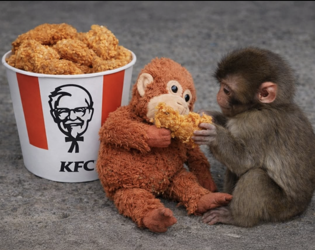 No cardápio. Campanha no Instagram do KFC do Panamá apelou para uma dieta nada recomenda e colocou Punch alimentando seu bicho de pelúcia com um frango frito.