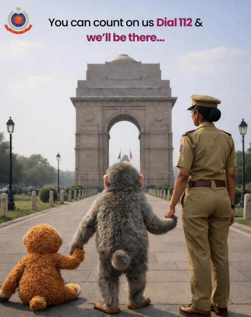 A polícia de Délhi (Índia) usou a IA e juntou Punch, sua pelúcia e uma policial em campanha para divulgar o serviço de emergência, acionado pelo telefone 112.