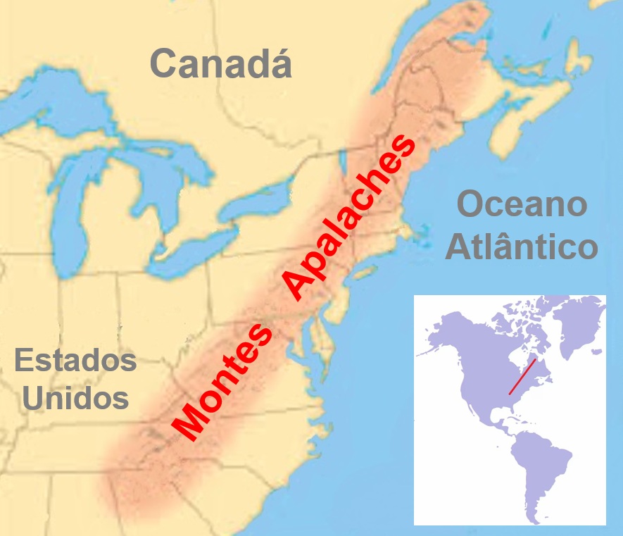 mapa da Am&eacute;rica do Norte com Montes Apalaches em destaque