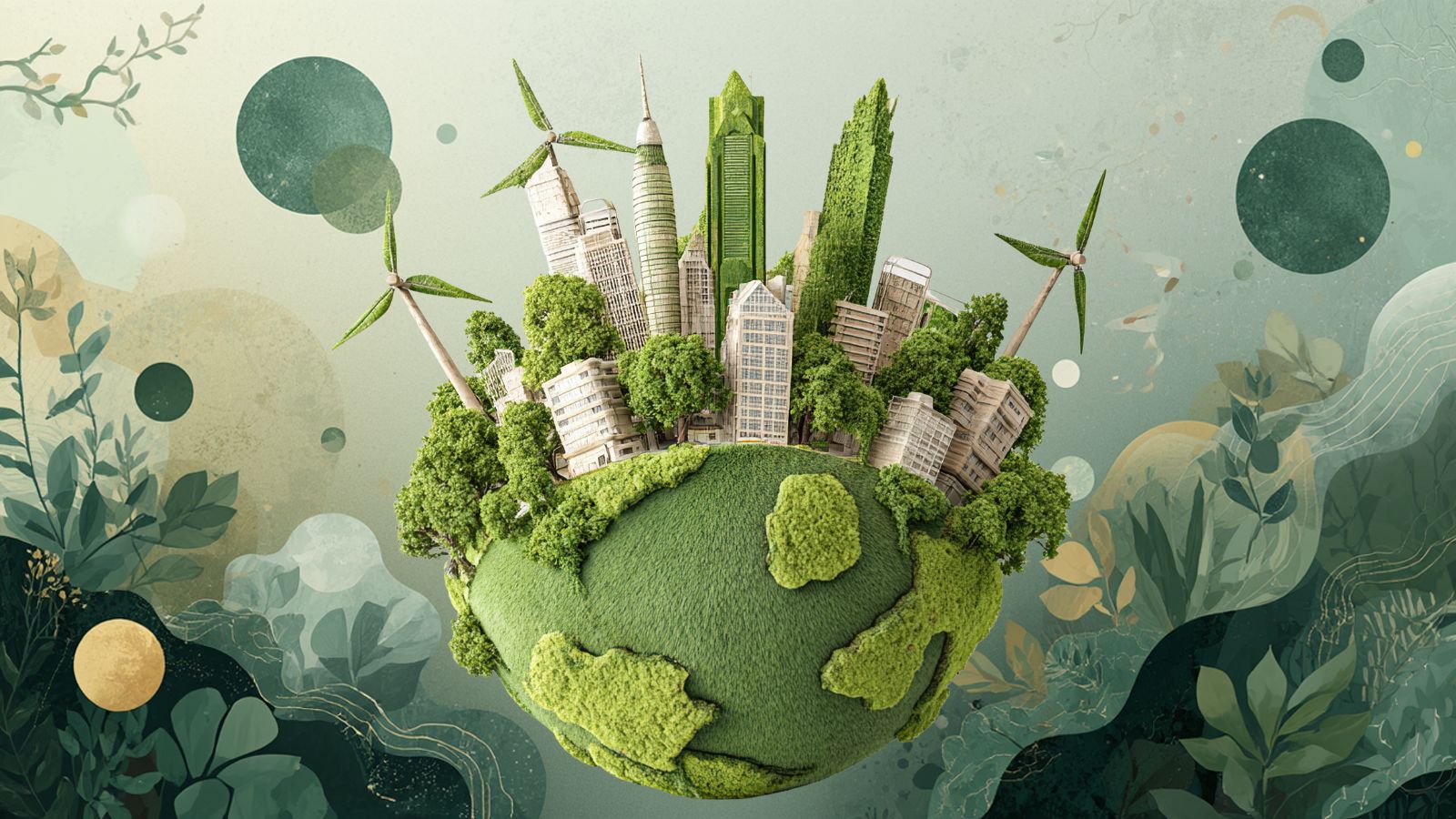 Planeta Terra com prédios e árvores.