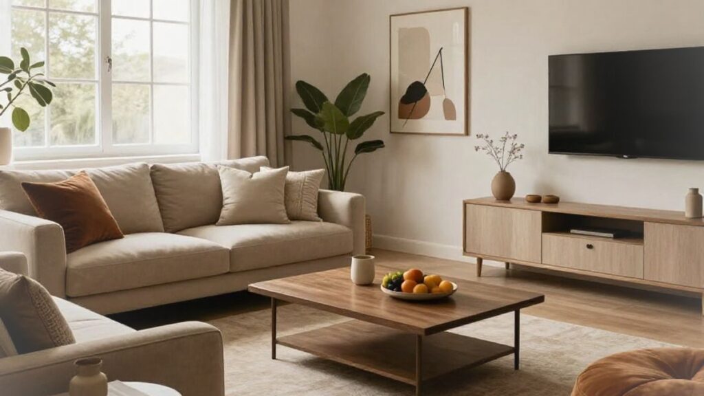 Sala de estar com cores terrosas e bege.
