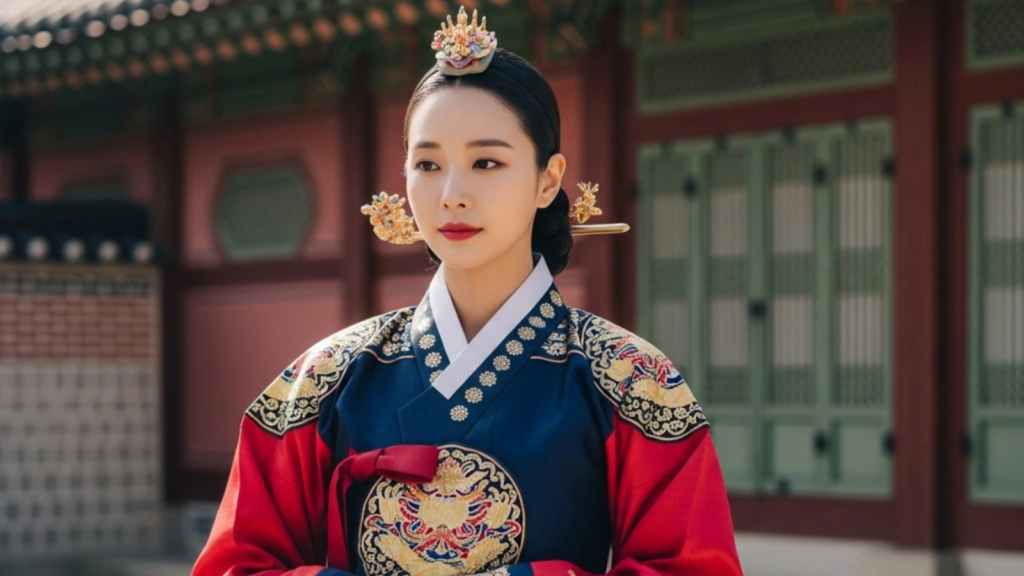 Mulher usando rouás tradicionais de hanbok