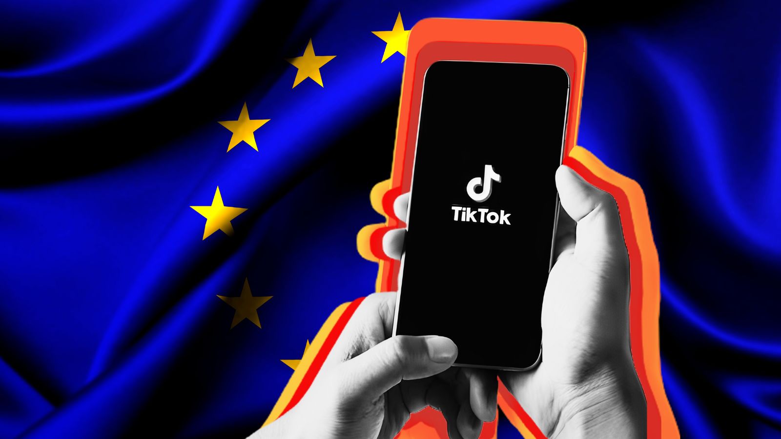 Mão segurando celular no app do Tiktok e a bandeira da União Europeia atrás.