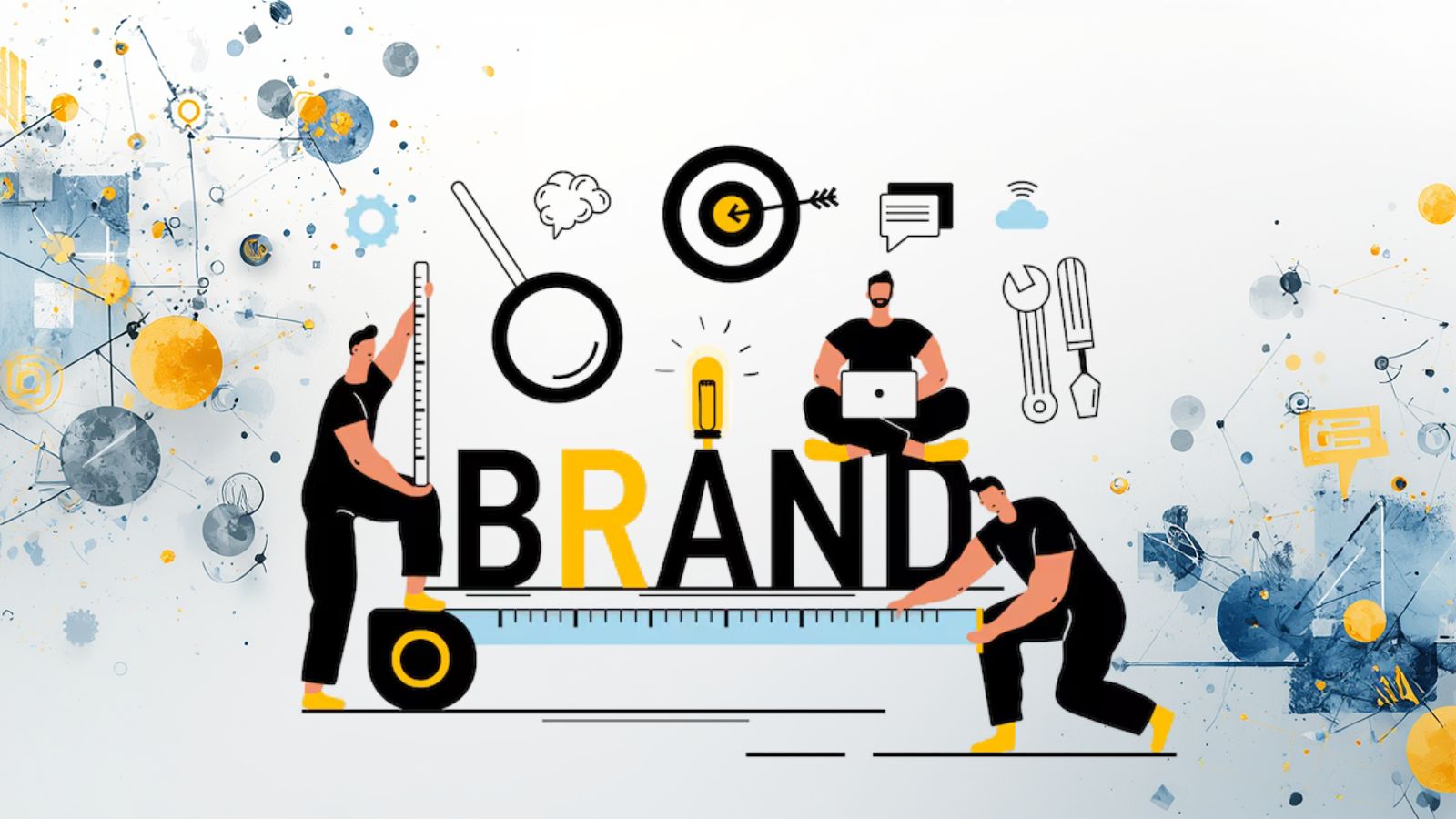 Desenho de 3 bonecos construindo BRAND