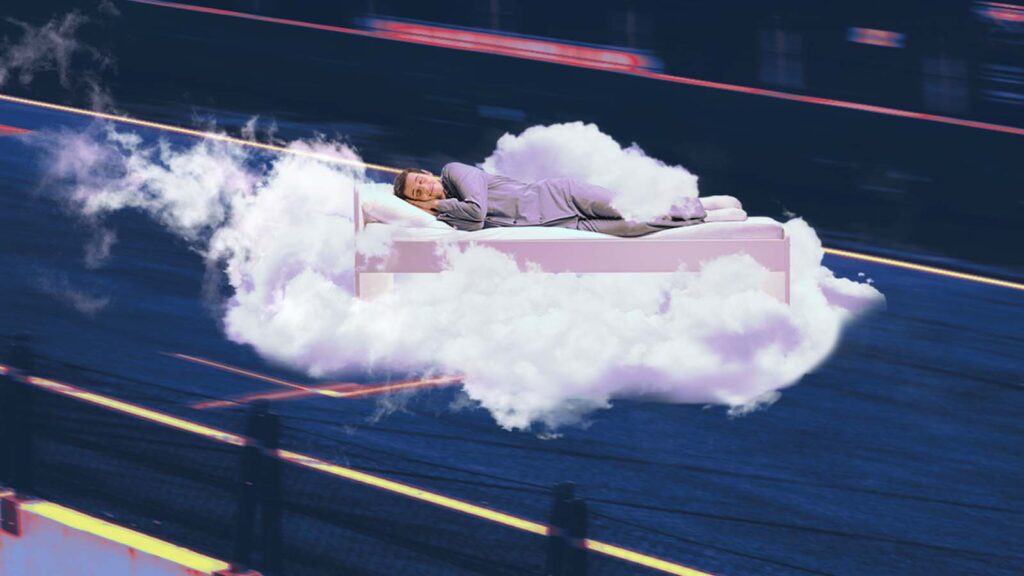 homem dorme em uma cama de nuvens