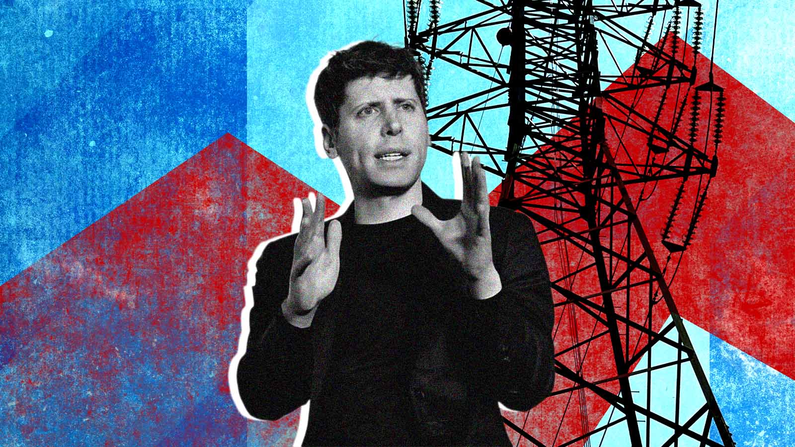 Sam Altman em frente a torre de energia elétrica
