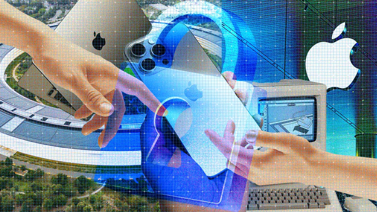 mosaico de produtos da Apple nos 50 anos da marca