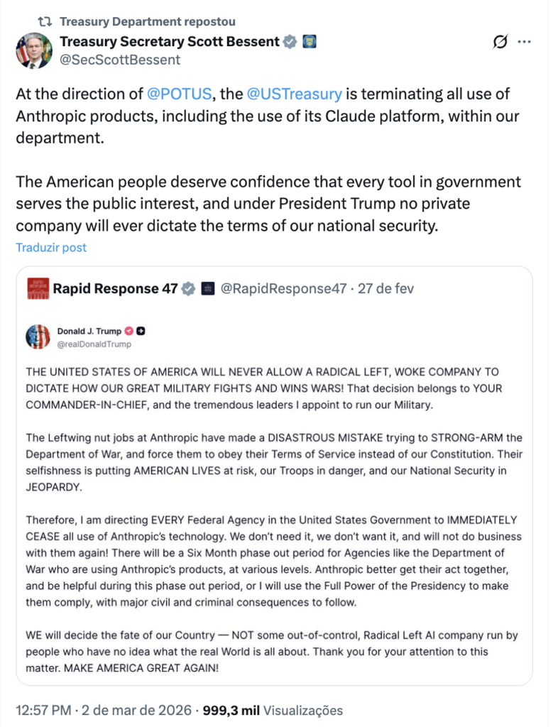 nota da secretaria do tesouro dos EUA sobre a Anthropic