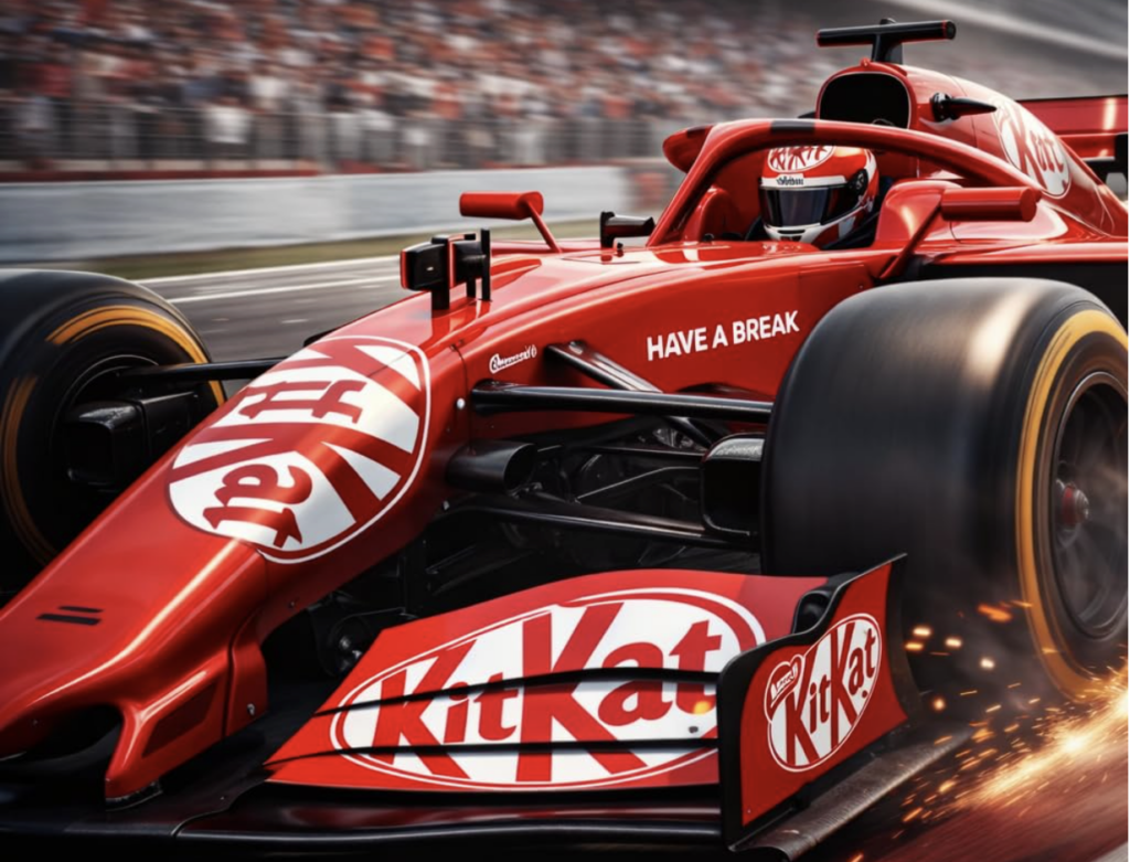 carro de F1 estampado com o logo e as cores do KitKat