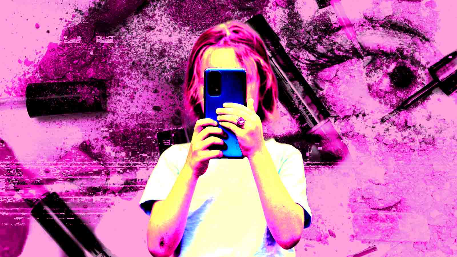 ilustração de criança branca segurando um celular com olhos ao fundo