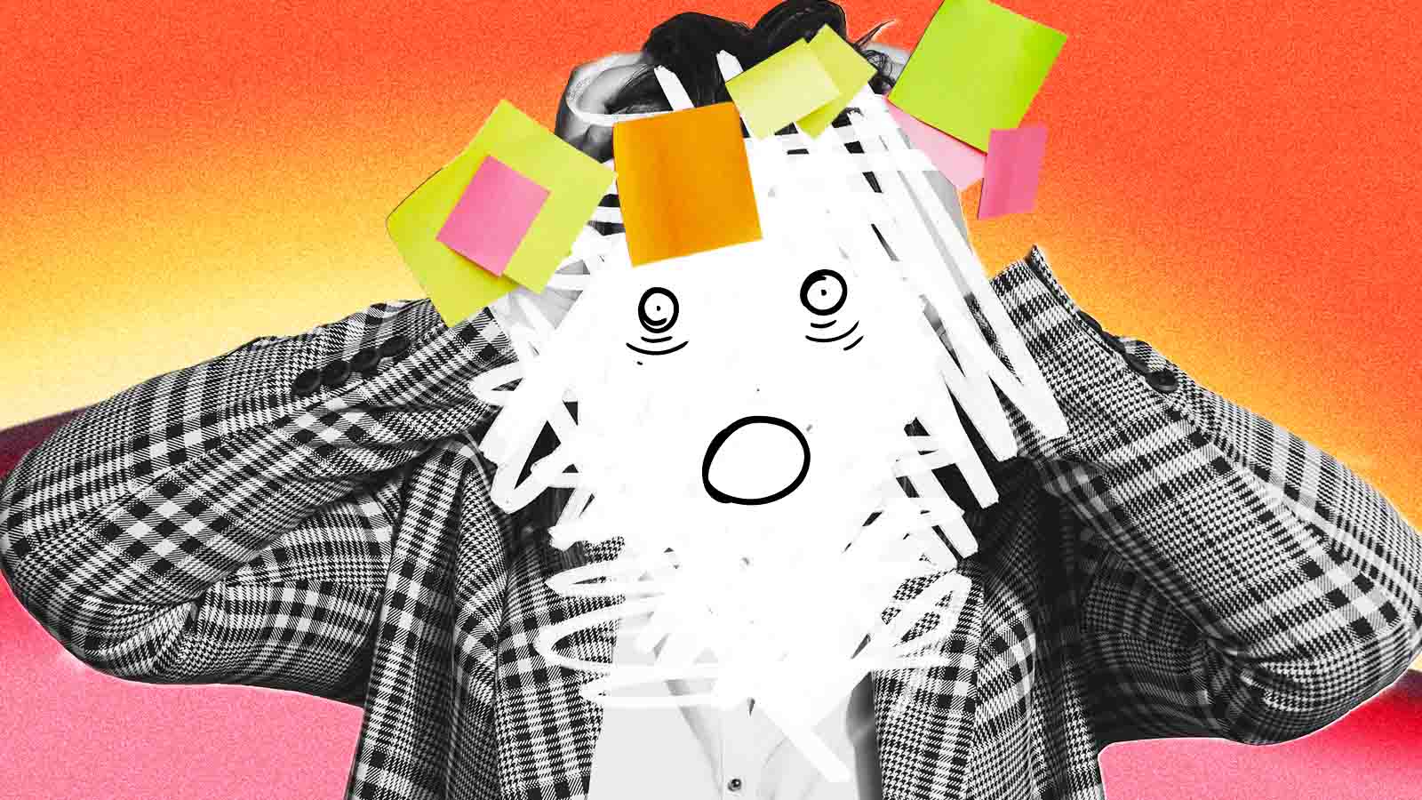 ilustração de homem usando paletó xadrez e o rosto riscado de branco e com olhos e boca desenhados como se estivesse confuso ou sobrecarregado, sob estresse