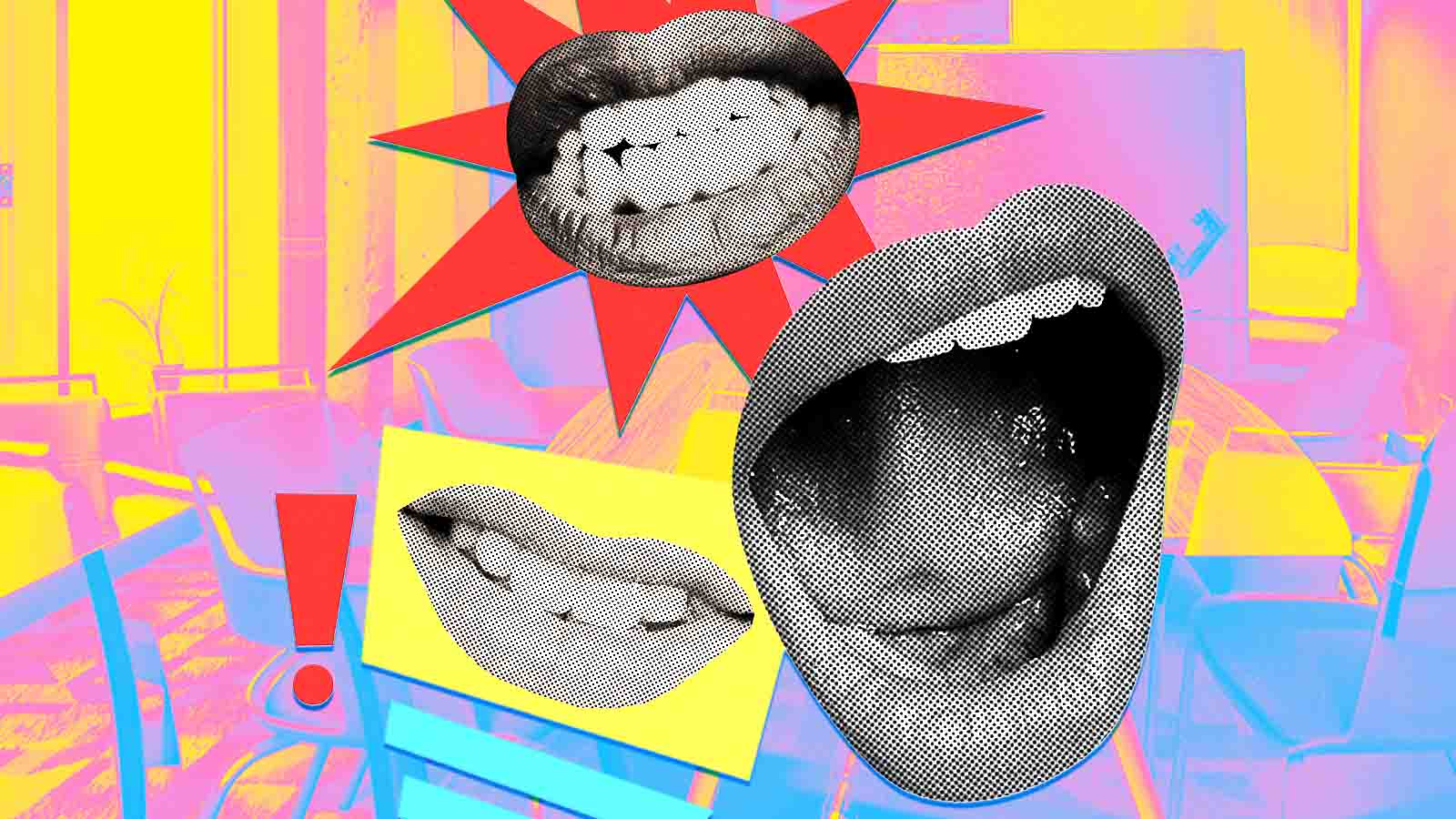 ilustração de três bocas abertas, com escritório ao fundo e ponto de exclamação.