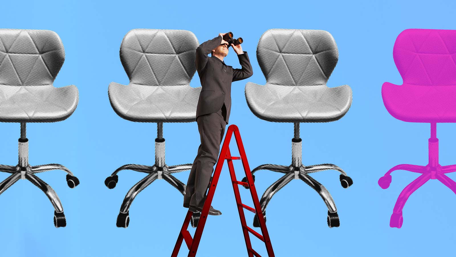 ilustração com fundo azul, quatro cadeiras (três PB e uma pink) e, em primeiro plano, um homem com terno no degrau de uma escada vermelha e usando um binóculo para observar