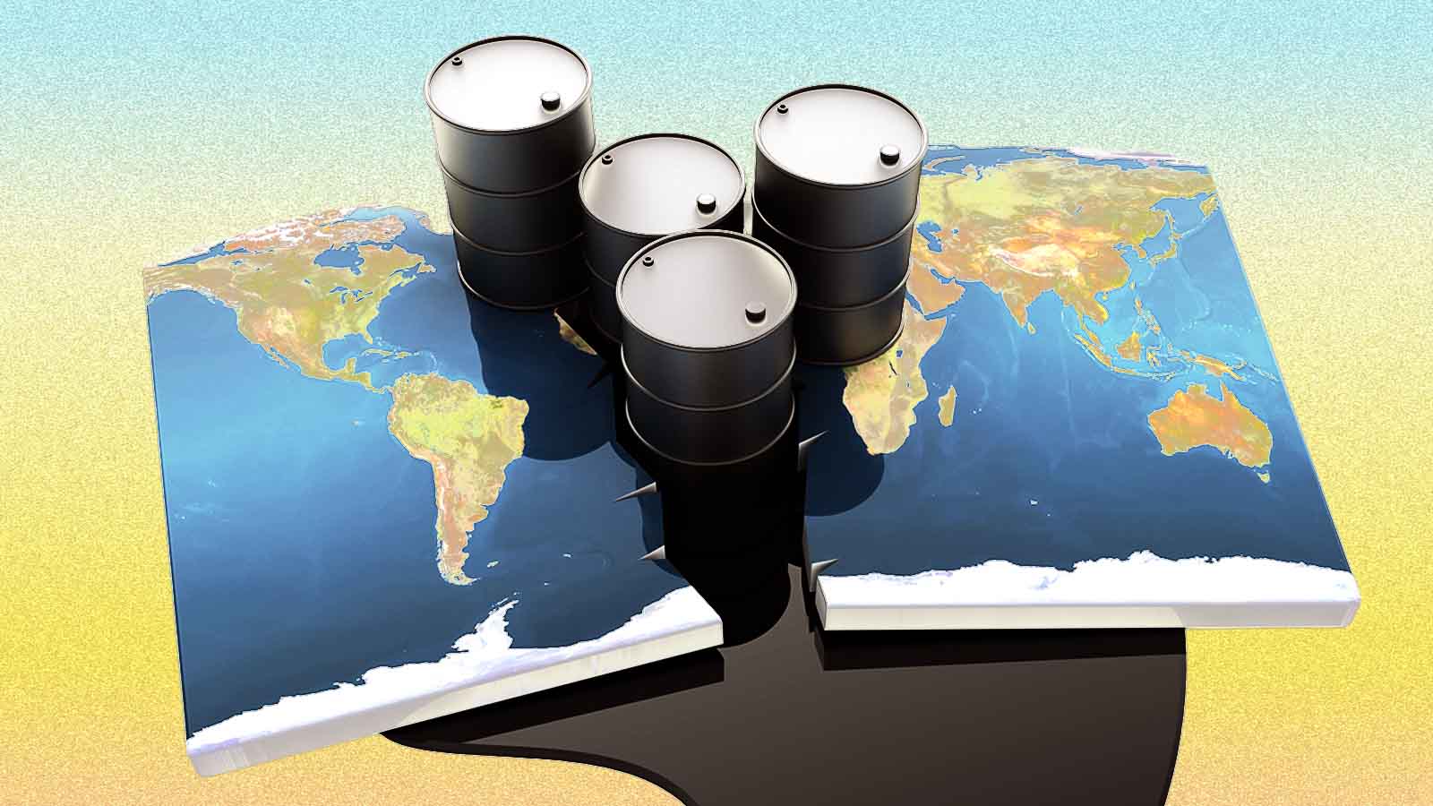 ilustração com quatro barris de petróleo sobre o mapa mundi, inundado por petróleo