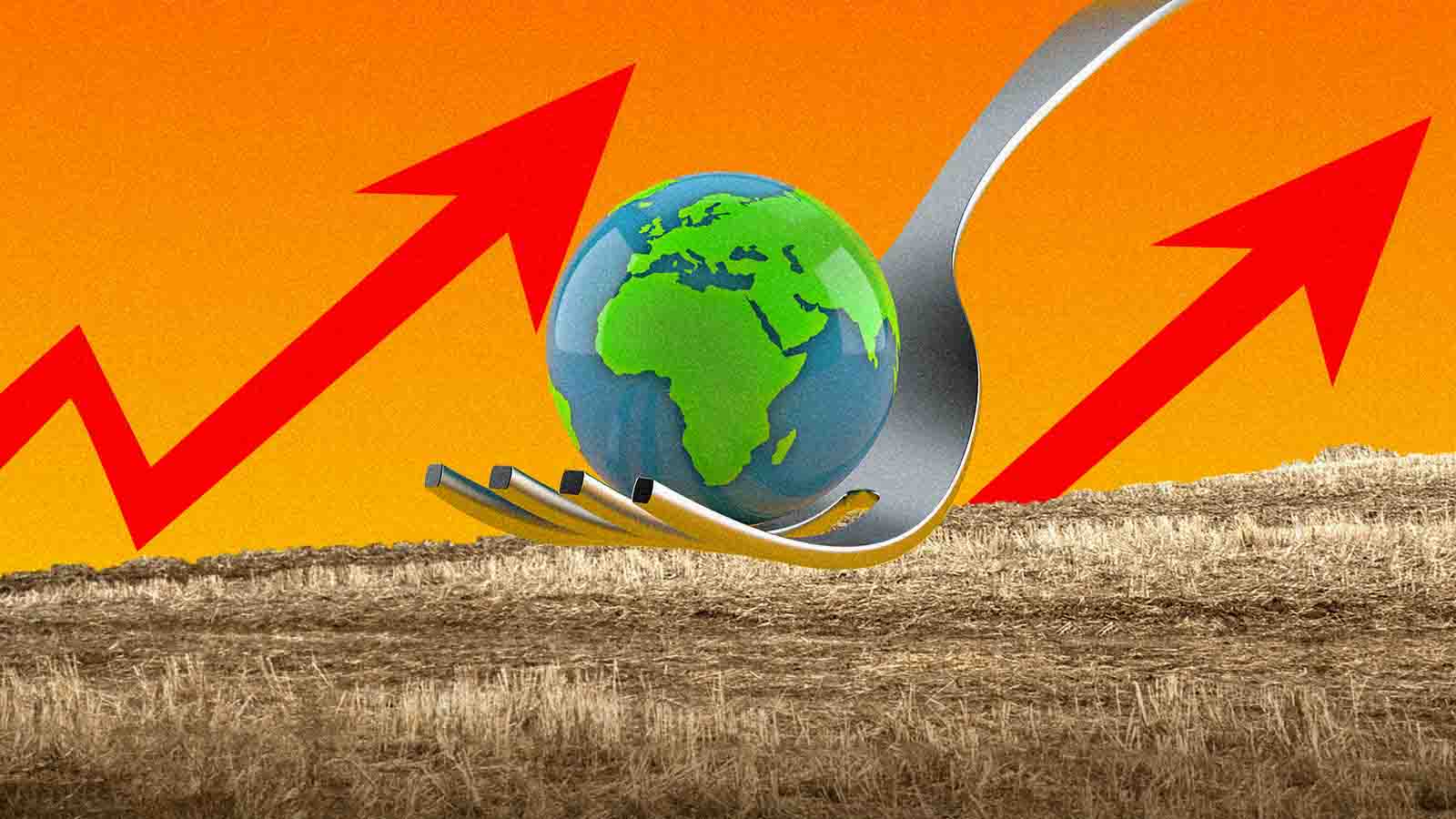 ilustração de um garfo com um globo. Ao fundo, duas setas vermelhas para cima, tudo ambientado numa plantação/campo