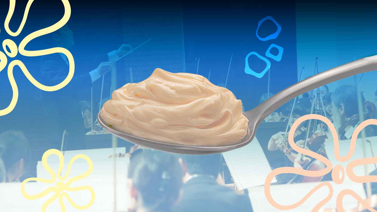 ilustração mostra no fundo azul uma colher cheia de maionese