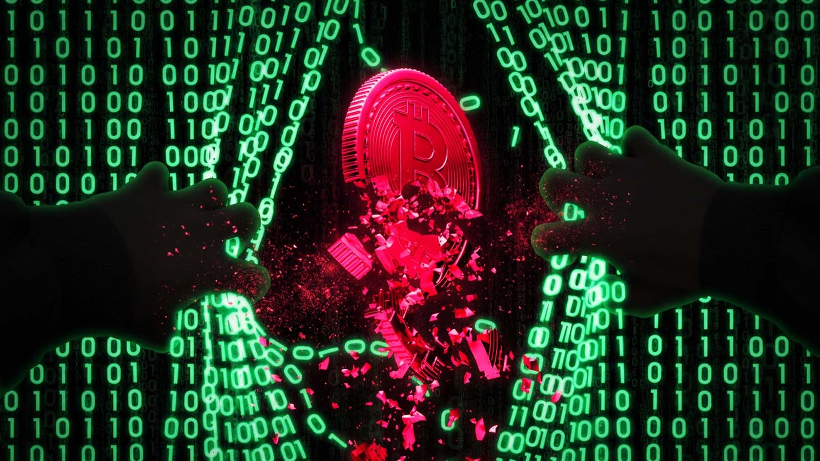 Ilustração de uma moeda de bitcoin vermelha se despedaçando no centro da imagem, cercada por códigos binários verdes em estilo digital. Duas mãos escuras aparecem nas laterais, como se estivessem abrindo uma cortina de dados, reforçando a ideia de colapso ou vulnerabilidade no universo cripto.