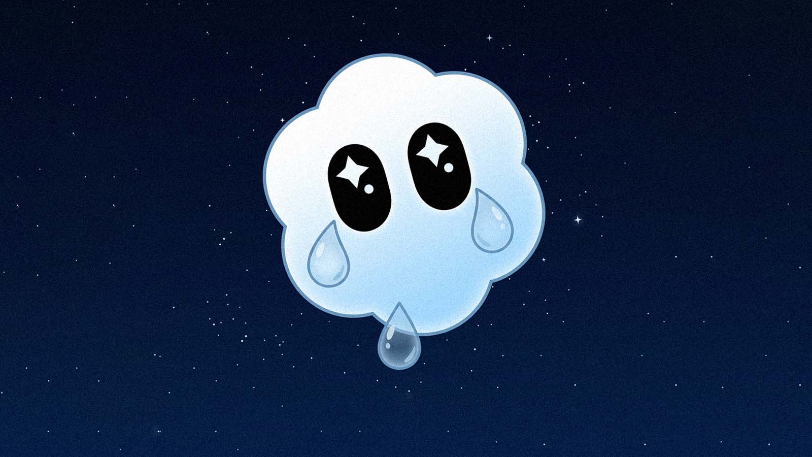Ilustração de uma nuvem com expressão triste, olhos grandes com brilho e lágrimas escorrendo, sobre um fundo de céu noturno estrelado.