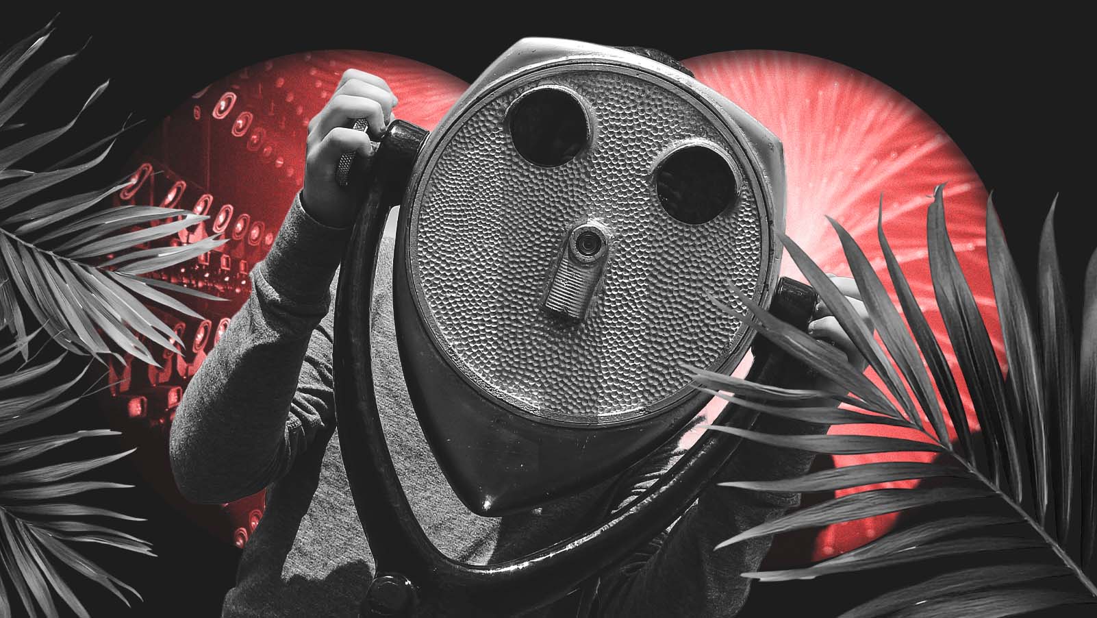 Pessoa segura um binóculo de observação que cobre completamente o rosto. A imagem em preto e branco é contrastada com um fundo vermelho em forma de coração, elementos gráficos que lembram circuitos e folhas tropicais nas laterais, criando uma composição visual que mistura tecnologia e natureza.