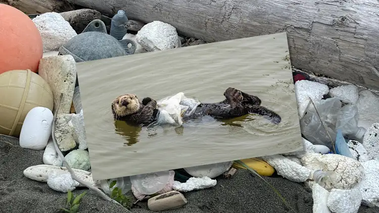 animal  marinho envolto  em pl&aacute;stico