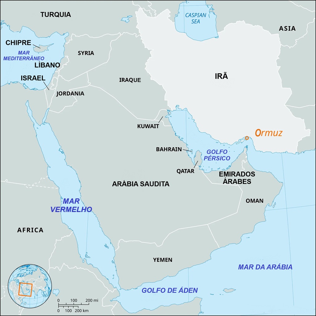 Mapa do Oriente M&eacute;dio com destaque para o estreito de Ormuz