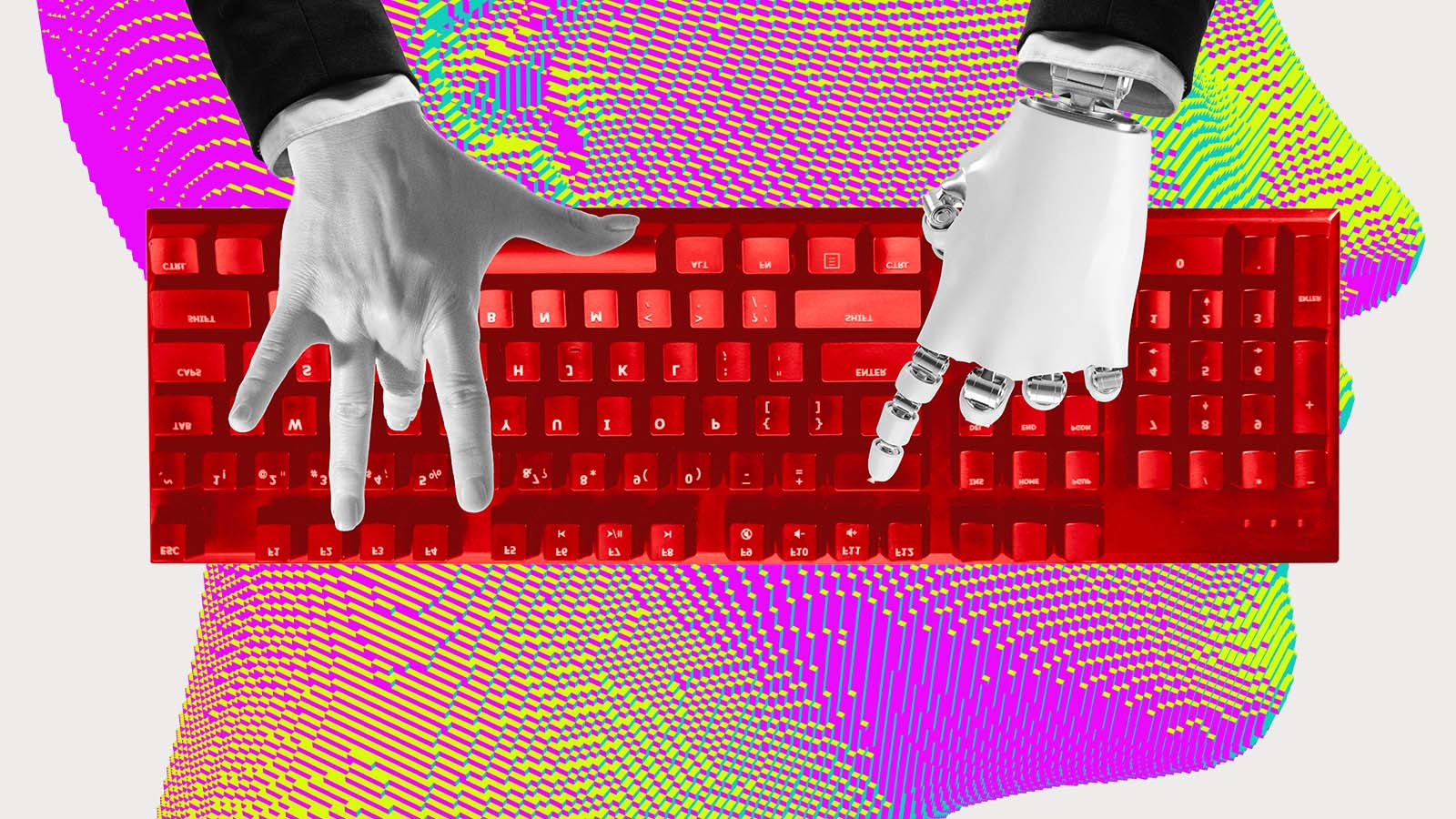 mão humana e mão robótica lado a lado digitam em um teclado de computador