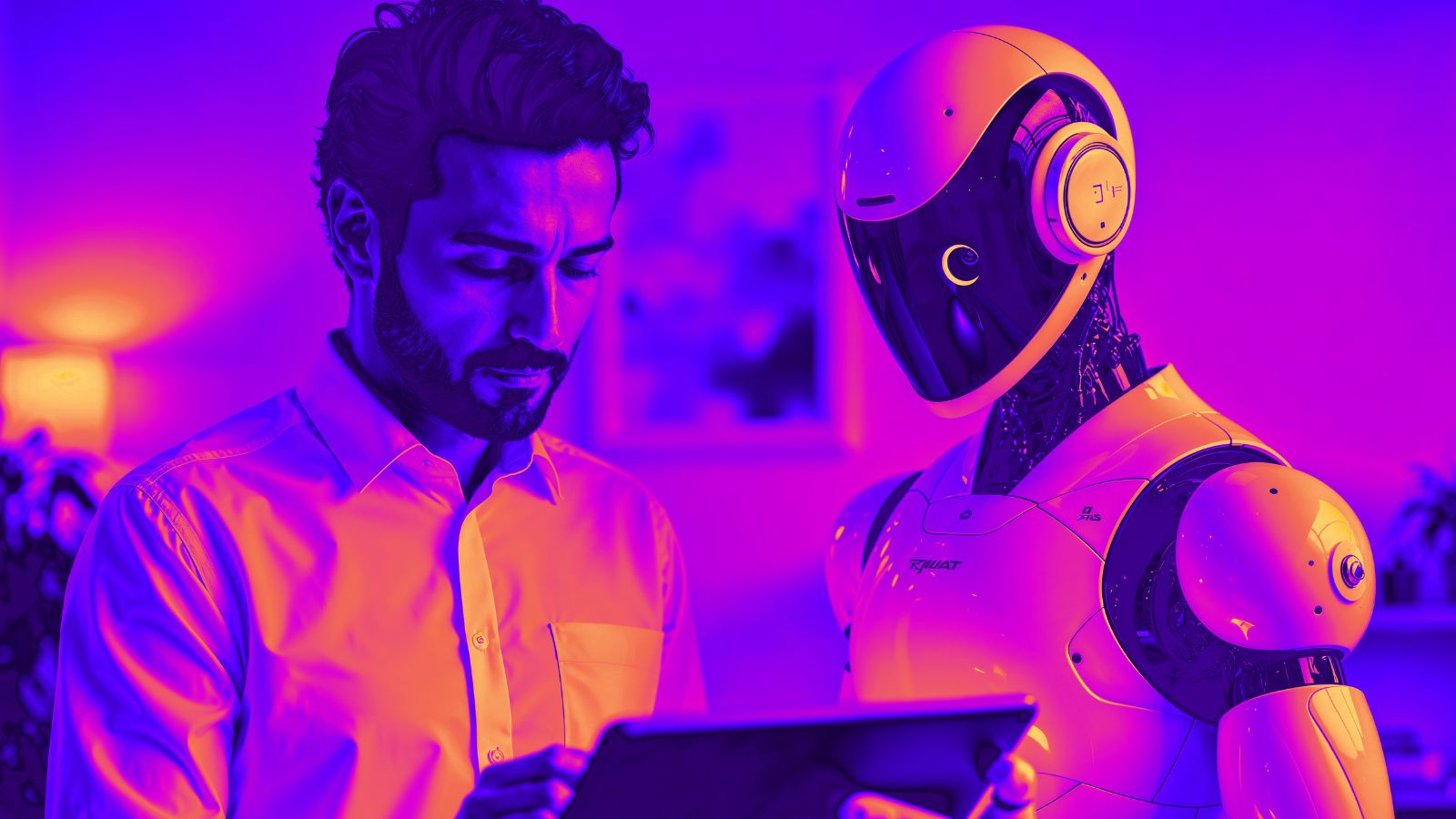 Homem concentrado usando um tablet ao lado de um robô humanoide, em um ambiente interno com iluminação em tons vibrantes de roxo e rosa, representando a interação entre humanos e inteligência artificial no dia a dia.