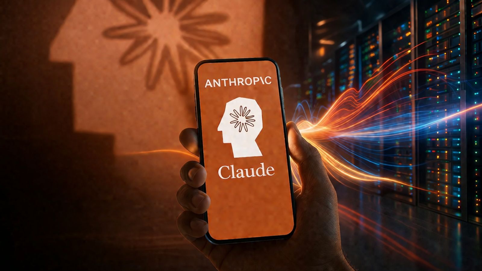 Mão segurando um smartphone com o aplicativo Claude da Anthropic na tela, em um ambiente de data center com servidores ao fundo e feixes de luz representando fluxo de dados e alta capacidade de processamento.