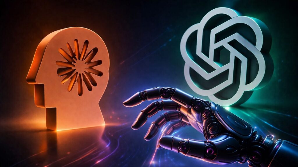 Arte futurista com m&atilde;o rob&oacute;tica e elementos digitais iluminados, representando inova&ccedil;&atilde;o e tecnologia em IA.